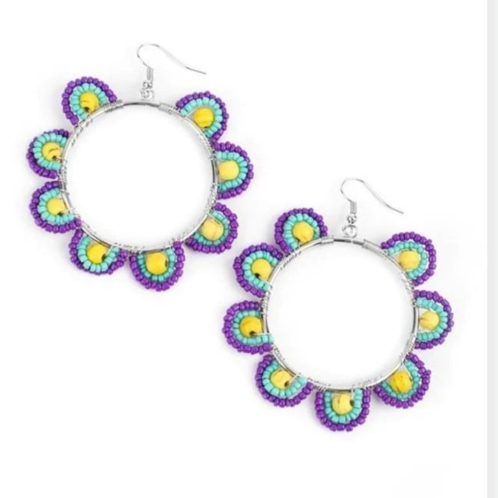 Groovy Gardens Yellow Paparazzi Purple, Yellow & Teal Flower Hoop Earrings